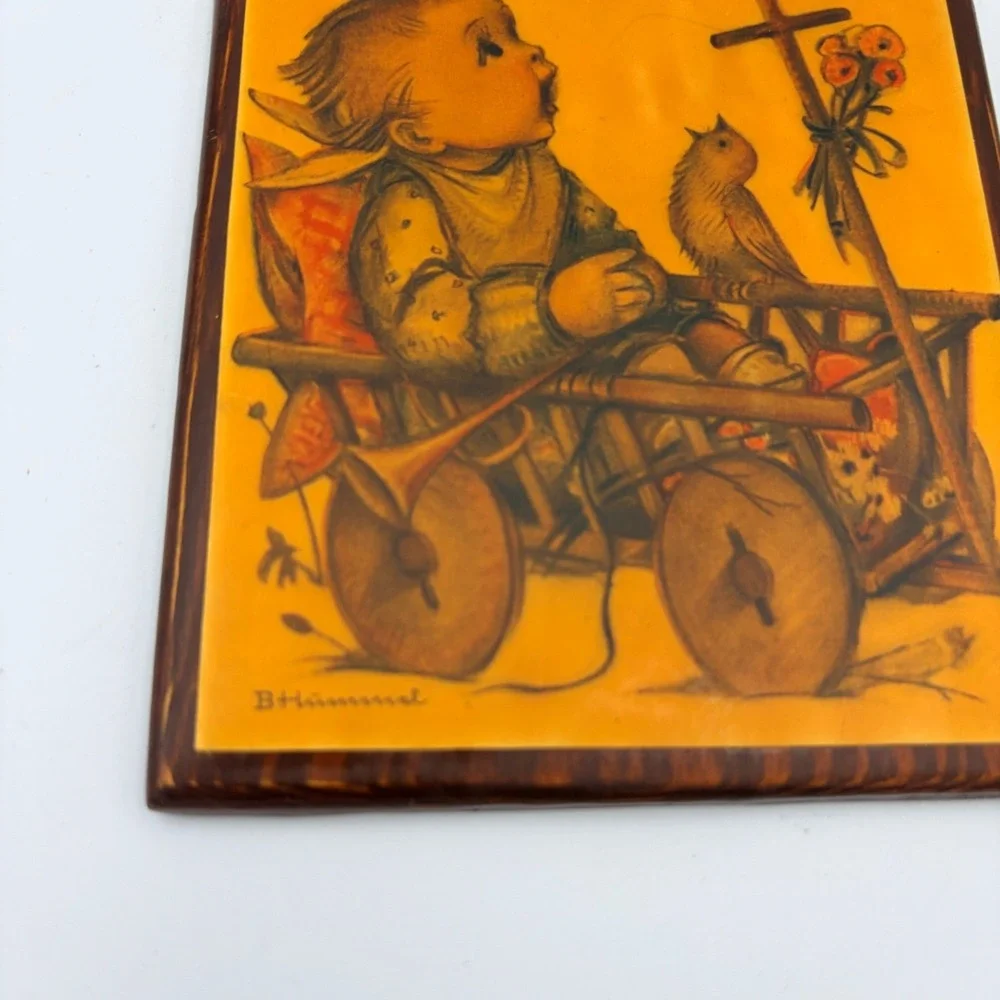 Vintage B Hummel Child with Bird Cart Wall Plaque Art‎ Wood Framed 1975